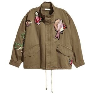 H&M Short Cargo Utility Canvas Jacket Embroidered Patches Studded Oversized Med